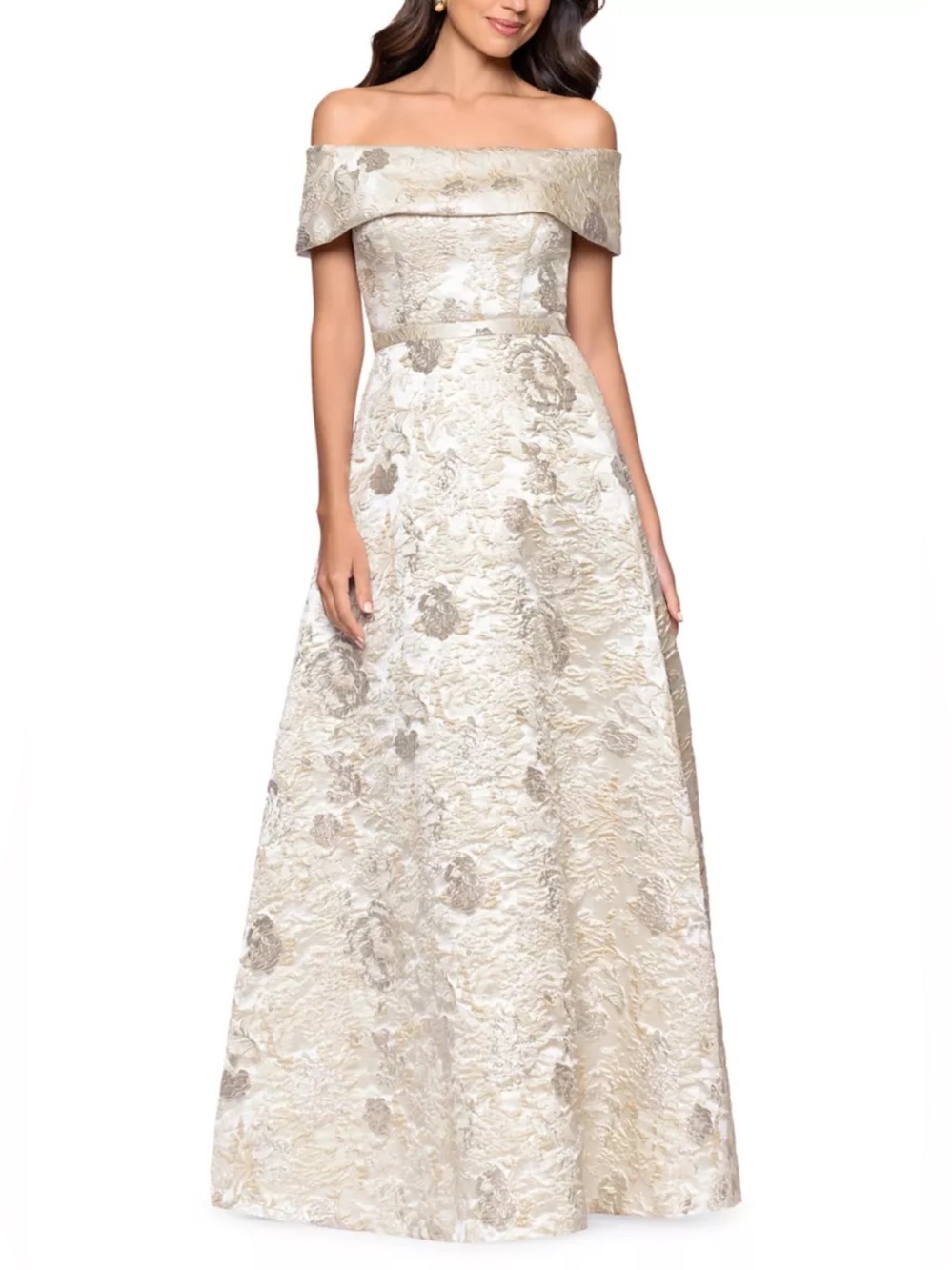 Xscape Women's Off the Shoulder Brocade Gown Color CHAMPAGNE Size 4